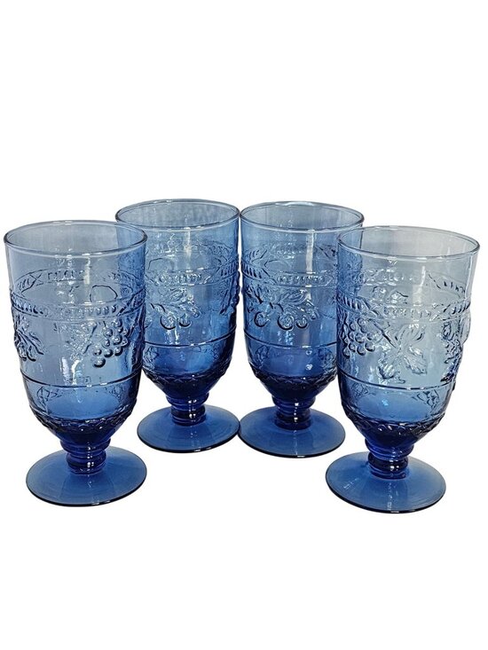 Mikasa Other - 4 Mikasa Garden Harvest Blue Ice Tea Glasses 6.2" cobalt raised relief fruit ice